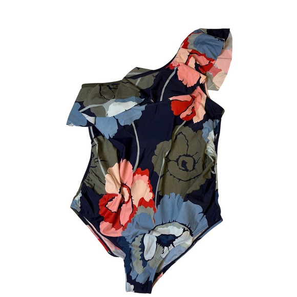 Motherhood Maternity Other - Motherhood Maternity One‎ Shoulder Ruffle Floral Swimsuit Navy Blue Pink Size L